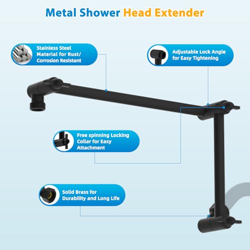 All-Metal 16" Shower Head Extension Arm, G1/2" Universal/Adjustable, Black | Flexible Brass Shower Head Extender Adjustable Height/Angle, Stainless Steel Rain Shower Pipe Height Extended with Lock Joint - color: Matte Black, size: 16 Inch