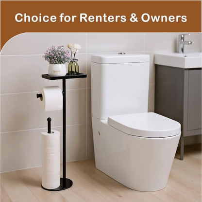 Free Standing Toilet Paper Holder Stand with Phone Shelf, Holds 5 Paper Rolls, Black Tissue Roll Holder for Bathroom, Sturdy Engough for Potted Plants