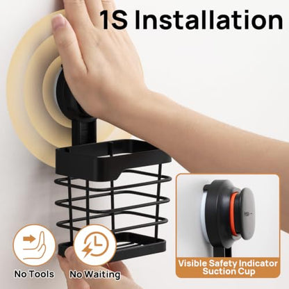 Upgraded Suction Cup Toothbrush Holder with Visible Safety Indicator, Black | Heavy Duty Stainless Steel Shower Electric Tooth Brush and Toothpaste Organizers, Removable, No Drilling, Anti-Puddling - color: Black Pro