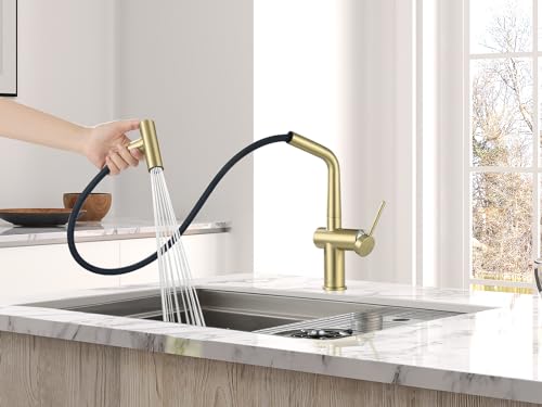 AS06CB Brushed Gold Softly Bar Faucet or Prep Kitchen Sink Faucet with Pull Down Sprayer and Single Handle - color: Brushed Gold Softly, style: Modern