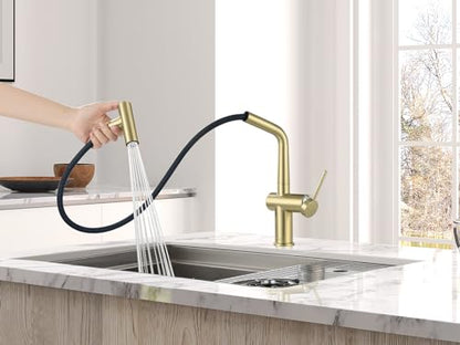 AS06CB Brushed Gold Softly Bar Faucet or Prep Kitchen Sink Faucet with Pull Down Sprayer and Single Handle - color: Brushed Gold Softly, style: Modern