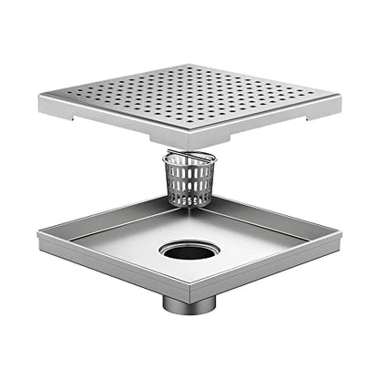 Neodrain 8 in Brushed Square Shower Drain with Quadrato Pattern Grate | 304 Stainless Steel Square Drain for bathroom, with Hair Strainer and Lifting Hook,Waterproof & Durable, CUPC Certified - color: Stainless, size: 8 IN