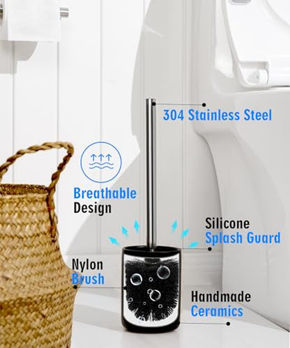 Ceramic Toilet Brush and Holder Set, Toilet Bowl Cleaner Brush | Freestanding Deep-Cleaning, Stainless Steel Handle, Small & Sturdy for Storage, Easy to Clean, Non-Scratching - color: Matt Black
