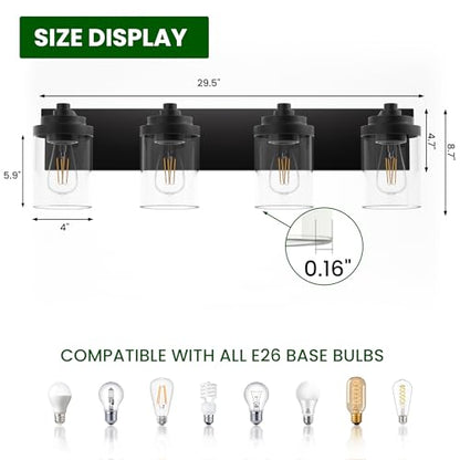 Bathroom Vanity Light Fixture, 4-Light Modern Black Vanity Light Fixtures with Clear Glass Shade, Matte Black Bathroom Light Fixtures Over Mirror, Rustic Restroom Lighting Fixtures - color: Black, size: 4-Light