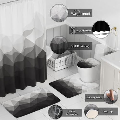 XLHOMO Bathroom Accessory Set - 26PC Bathroom Shower Curtain and Rug Set, Bathroom Accessories Set, Black Bathroom Set with Trash Can, Toilet Brush, Qtip Holder & Soap Dispenser - style: Black