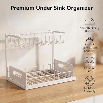 L-Shaped Under Sink Organizer, White | 2-Tier, Slide Out Cabinet Storage, Solid Metal Handles - color: White