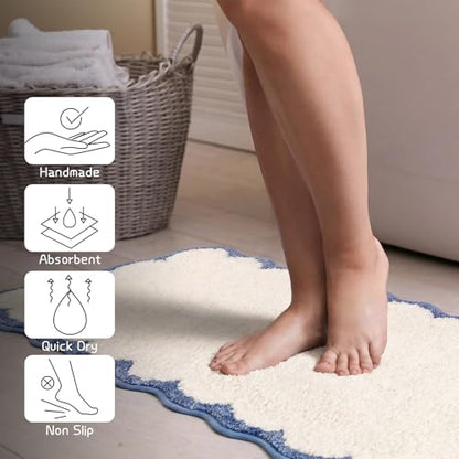 Light Blue Scalloped Long Bathroom Rug Runner Bath Mat | Coastal Non Slip Washable Quick Dry Absorbent Cute Boho Microfiber Large Bathmat,17*47 Inch - color: Blue&white, size: 17*47"