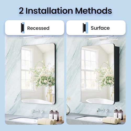 Black Medicine Cabinet with Mirror 16x20 Inch, Small Bathroom Wall Cabinet with Storage, Modern Matte Finish, 6 Adjustable Glass Shelves, Silent Soft Close, Rust Proof Aluminum Organizer - size: 16"x 20"