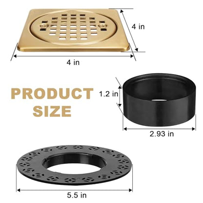 Champagne Bronze 4 inch Square Floor Drain Grate Kit with Adjustable Collar | Compatible with Schluter Kerdi Drain Flange, SUS304 Stainless Steel Removable Square Floor Drain with ABS Flange - color: Champagne Bronze
