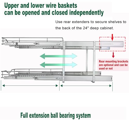 DINDON 2 Tier Pull Out Cabinet Organizer (17" W X 21" D), Double Tier Wire Basket Slide Out Shelf Storage for Kitchen Base Cabinet, Chrome Finish - size: 17" W X 21" D