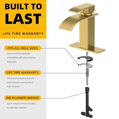 Waterfall Bathroom Faucet, Brushed Gold Stainless Steel, 1-Handle | Modern Bathroom Sink Faucet for RV & Outdoor Basins, Pop-Up Drain, Supply Lines, 6-in Deck Plate, 1- or 3-Hole, NSF Certified - color: Brushed Gold