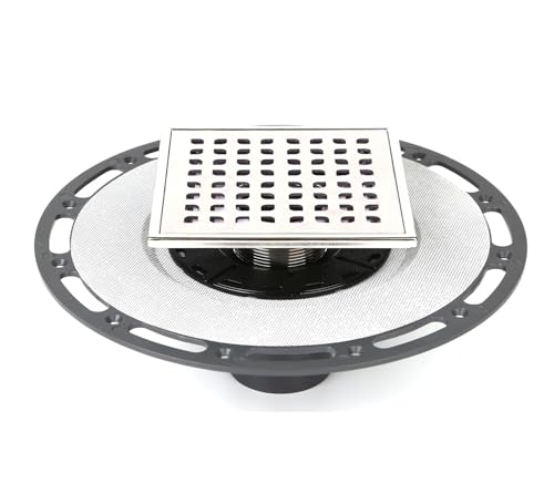 6-Inch Square Shower Drain Kit with Bonding Flange, Brushed Silver | Removable 304 stainless steel grate with hair strainer; fits 2- and 3-inch pipes for tiled shower floors and wet areas - size: 6in-Brushed Stainless Steel