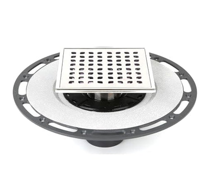 6-Inch Square Shower Drain Kit with Bonding Flange, Brushed Silver | Removable 304 stainless steel grate with hair strainer; fits 2- and 3-inch pipes for tiled shower floors and wet areas - size: 6in-Brushed Stainless Steel
