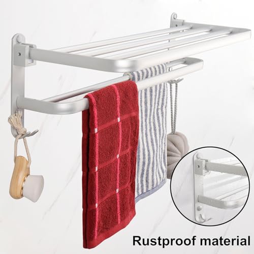 TocTen Towel Rack for Bathroom, Foldable Towel Holder with Double Towel Bars, Wall Mounted SUS304 Stainless Steel Bathroom Tower Shelf, Space-Saving Towel Hanger for Bathroom, Lavatory (Silver,24 in) - color: Silver