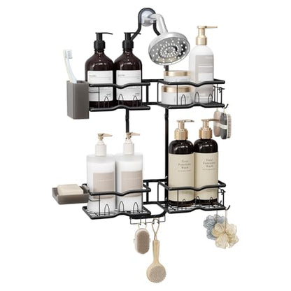 Heavy-Duty Shower Caddy Hanging for Handheld Showerhead, 2-Tier Adjustable Height Bathroom Organizer with 10 Hooks & Soap Holder, Rustproof Carbon Steel Anti-Swing Shower Shelves, Black