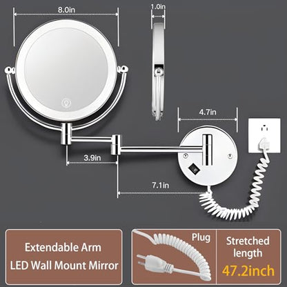 Wall Mounted Makeup Mirror with Magnification, 8" 1X/10X Magnifying Mirror Wall Mounted for Bathroom, 3 Color Light, Touch Dimmable, 360° Swivel, Extendable Arm, 2-Sided, Plug-in & Hardwire