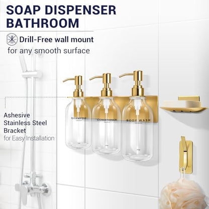 Shampoo Conditioner Body Wash Dispenser Bonus Soap Dish and Hook, Clear | 17 fl oz Set of 3 Clear Plastic Bottles with Black Pumps, Drill Free Adhesive Bathroom Organizer, Dorm Room Essentials