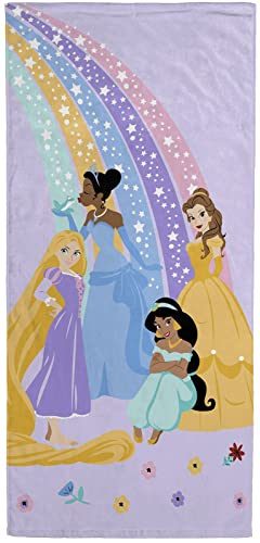Jay Franco Disney Princess Rainbow Bath/Pool/Beach Towel - Super Soft & Absorbent Fade Resistant Cotton Towel Features Belle, Rapunzel, Jasmine, & Tiana - Measures 28 x 58 inches - color: Purple - Princess
