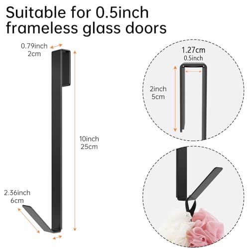 Linone 10 in Shower Door Hooks, 3 Pack | Towel Hooks for Bathrooms, Heavy Duty, Drilling-Free Extended Over Door, For Frameless Glass Shower Door - size: 10 IN-Black