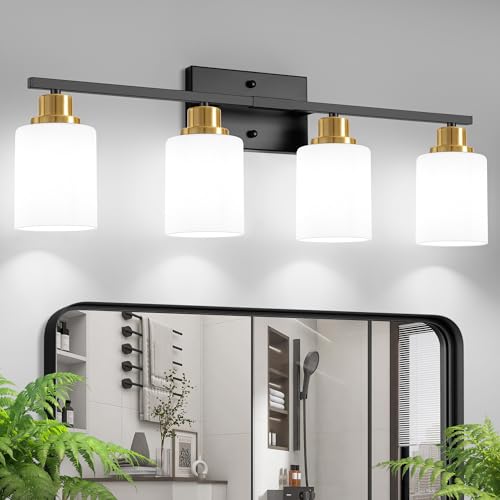 Ascher Bathroom Light Fixtures, 4-Light Vanity Light Over Mirror, Black and Gold Wall Sconces with Milky White Frosted Glass Shades, Wall Lamp for Living Room Bedroom, E26 Base(Bulbs Not Included) - color: Black and Gold, size: 4-Light
