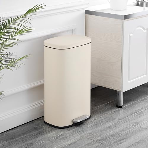 happimess Curtis 8 Gal Step Trash Can Soft Close 25", Limestone Beige | Iron Construction, Satin Finish, Removable Liner, Steel Pedal, 20 Trash Bags Included, Kitchen Office Bin - color: Limestone Beige