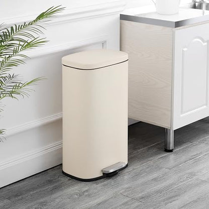happimess Curtis 8 Gal Step Trash Can Soft Close 25", Limestone Beige | Iron Construction, Satin Finish, Removable Liner, Steel Pedal, 20 Trash Bags Included, Kitchen Office Bin - color: Limestone Beige
