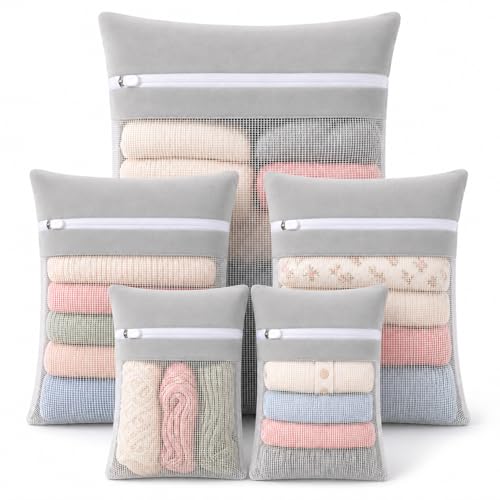Gray 5-piece set in bags, durable cotton mesh laundry bags, sturdy zipper, breathable mesh, delicate laundry bags, suitable for underwear, clothes, pants, and socks - color: Gray