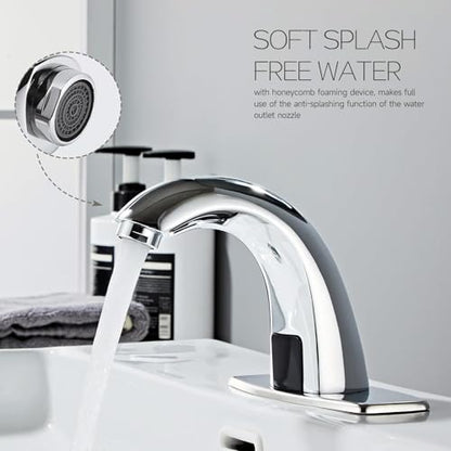 Touchless Bathroom Sink Faucet Automatic Motion Sensor Hands Free Faucet | Chrome plating, with hole cover plate and temperature mixer, commercial solid brass faucet, AC/DC powered, 1 hole or 3 hole - color: Chrome