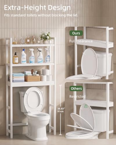 SMIBUY Bathroom Storage Shelf, Bamboo Over-The-Toilet Organizer Rack, Freestanding Toilet Space Saver with 3-Tier Adjustable Shelves (White) - color: White