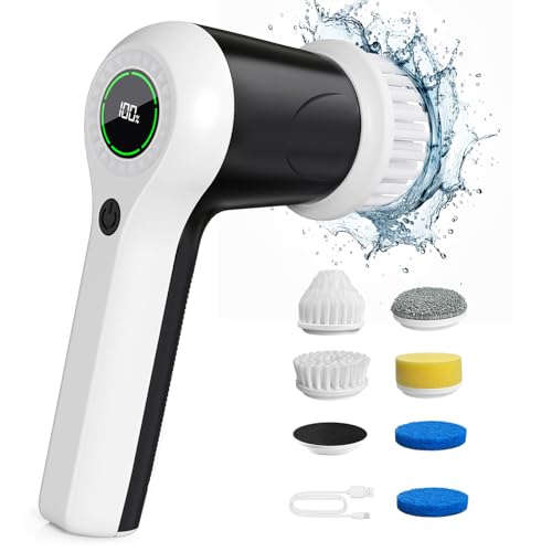 PUFTEM Electric Spin Scrubber, Cordless Shower Scrubber | Battery Level Display, Dual Speed, 6 Replaceable Brush Heads, IPX7 Waterproof, Long Runtime, Tub, Tile & Sink Cleaning - color: White
