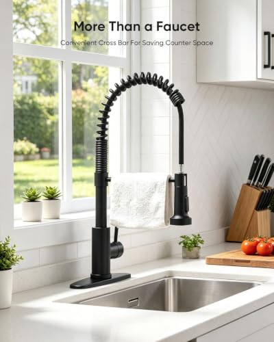 Kitchen Faucet with Pull Down Sprayer Matte Black | 1 Handle Spring Sink Faucets, Lead-Free NSF Certified Stainless Steel,1 or 3-Hole Deck Plate,Farmhouse, RV, Bar, Laundry Room - color: B - Black
