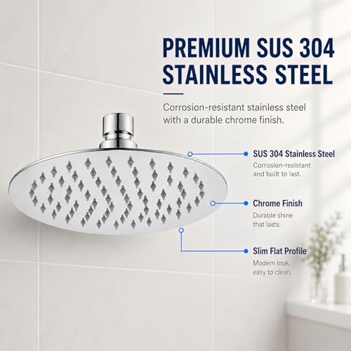 6 Inch Round Rain Shower Head Metal Stainless Steel High Flow Rainfall Shower Head with Self-Cleaning Silicone Nozzles Universal 1/2" Wall Mount for Bathroom - size: 6 Inch Round