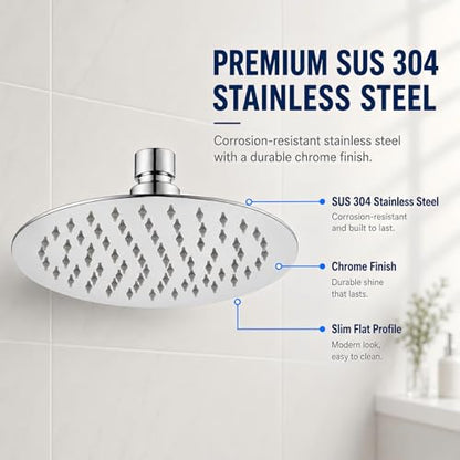 6 Inch Round Rain Shower Head Metal Stainless Steel High Flow Rainfall Shower Head with Self-Cleaning Silicone Nozzles Universal 1/2" Wall Mount for Bathroom - size: 6 Inch Round