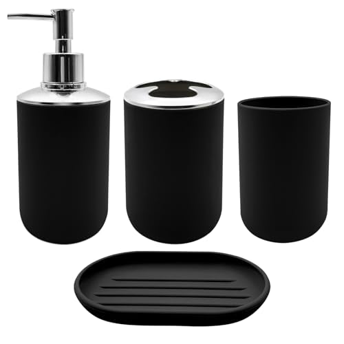 Bathroom Accessory Set, 4 pcs Shatter-Resistant Resin Bathroom Accessories Set Include Lotion Soap Dispenser Toothbrush Holder Soap Dish Modern Bathroom Decor, Gift for Home (Black 4pcs) - style: Black 4pcs