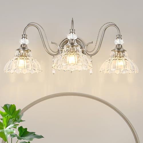 Brushed Nickel Bathroom Vanity Light, 3-Light Nickel Finish Wall Sconce with Hanging Crystal Accents and Flower-Shaped Clear Glass Shades, Modern Wall Mount Vanity Light Over Mirror for Bathroom - color: Nickel, size: 3-Light
