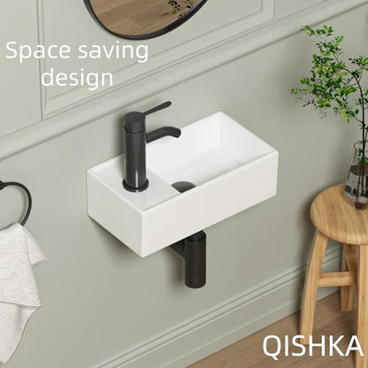Small Wall Mount Bathroom Vessel Sink, QISHKA 15.5" X 8.5" Rectangular Floating Ceramic Wash Hand Basin- White Wall Hung Vanity Sink with Overflow for Small Bathroom (Left Hand) - size: 15.5" x 8.5" x 5.1"