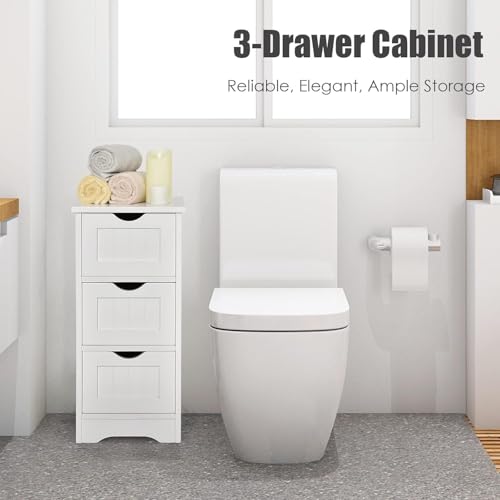 Floor Cabinet with 3 Drawers, Freestanding Side Storage Organizer, Wooden Storage Cabinet for Bathroom Home Office Living Room(White)