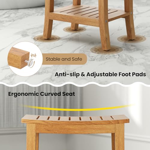 Giantex Teak Shower Bench with Shelf - Shower Stool for Elderly Seniors, Waterproof Teak Wood Non Slip Bathroom Spa Seat, Bathing Stool for Shaving Legs, Indoor & Outdoor Use, 20'' x 14'' x 18''