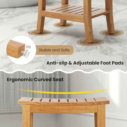 Giantex Teak Shower Bench with Shelf - Shower Stool for Elderly Seniors, Waterproof Teak Wood Non Slip Bathroom Spa Seat, Bathing Stool for Shaving Legs, Indoor & Outdoor Use, 20'' x 14'' x 18''