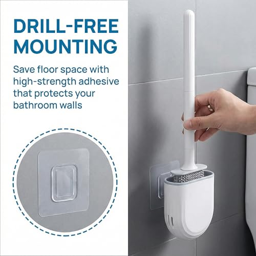 RV Silicone Toilet Brush with Holder, Drill-Free Wall Mounted Toilet Bowl Cleaner, Anti-Drip Anti-Roll Compact Brush for RV Camper & Small Bathroom (White) - color: White