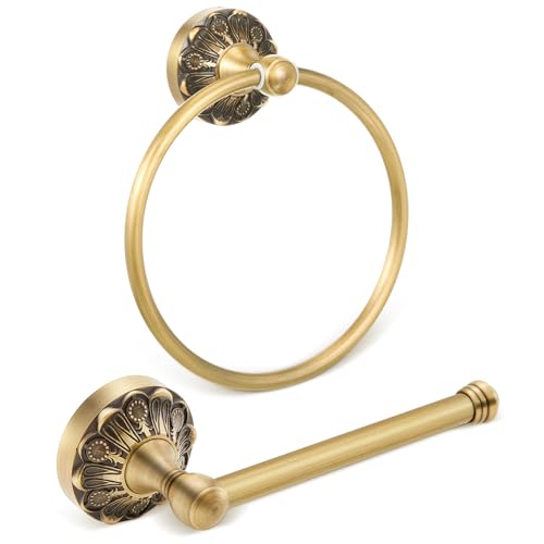 2 Pieces Set Antique Brass Toilet Paper Holder Retro Brass Hand Towel Ring Tissue Roll Paper Hanger Bathroom Hardware Wall Mounted Vintage Bathroom Accessories (Round) - style: Round