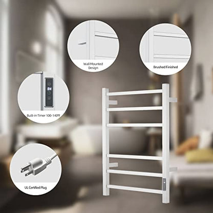 Electric Towel Warmer - Wall Mounted Bathroom Heated Towel Rack, Plug-in Design & Brushed Stainless Steel Finish (Square Brushed with Timer ETW13CS, 6 Bar)