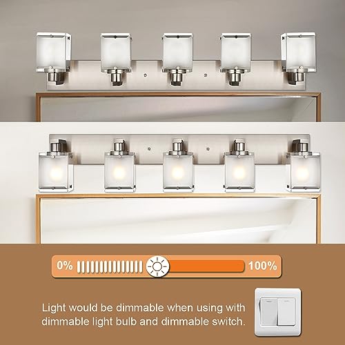 5-Lights Bathroom Vanity Light Fixtures, Modern Brushed Nickel Wall Sconce Lighting with Rectangular Frosted Glass Shades, E26 Bulb Base - color: Brushed Nickel, Frosted Glass, size: 5-Lights