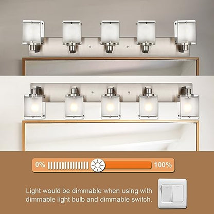5-Lights Bathroom Vanity Light Fixtures, Modern Brushed Nickel Wall Sconce Lighting with Rectangular Frosted Glass Shades, E26 Bulb Base - color: Brushed Nickel, Frosted Glass, size: 5-Lights