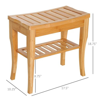 Long Bamboo Shower Bench Seat, 20" Wooden Shower Stool with Underneath Storage Shelf Shoe Organizer
