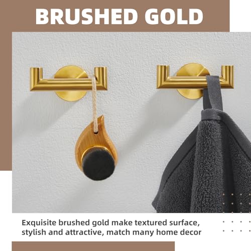 Brushed Gold Double Bathroom Robe Hooks, 2 Pack, Wall Mounted | Rustproof 304 Stainless Steel, Heavy-duty 11lbs Towel Hooks for Robes, Coats, Bags, Shower, Kitchen, Entryway Storage Hooks - color: Brushed Gold