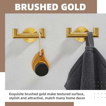 Brushed Gold Double Bathroom Robe Hooks, 2 Pack, Wall Mounted | Rustproof 304 Stainless Steel, Heavy-duty 11lbs Towel Hooks for Robes, Coats, Bags, Shower, Kitchen, Entryway Storage Hooks - color: Brushed Gold