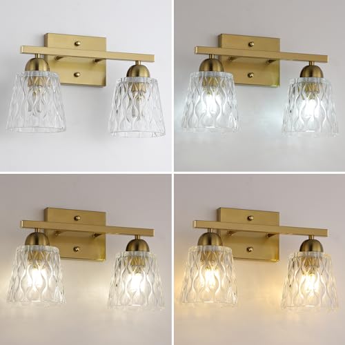 Mecgirn Stainless Steel Bathroom Vanity Light Over Mirror, 2 Light Brushed Gold Bathroom Light Fixtures with Textured Glass Shades, Modern Vanity Lighting Wall Mount - color: Brushed Gold, size: 2 Light