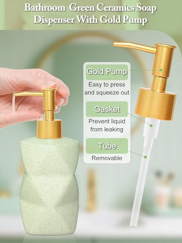 Ceramic Bathroom Accessories Set, 4-Piece Green Bathroom Set Complete with Soap Dispenser Set, Toothbrush Holder, Tumbler & Soap Dish – Bathroom Sets Accessories for Home, Apartment, Idea - color: Green
