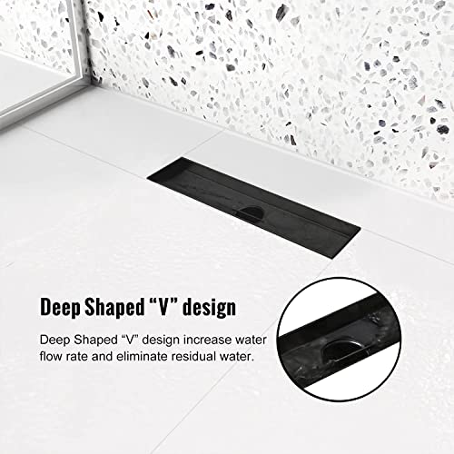 12" Linear Shower Drain Brushed Matte Black with Tile Insert Grate | AISI 304 Stainless Steel Fast Drainage Rectangle Hidden Shower Trench,Detachable Hair Catcher Easy to install,Leveling Feet - color: Matte Black, size: 12 Inch (No Base)